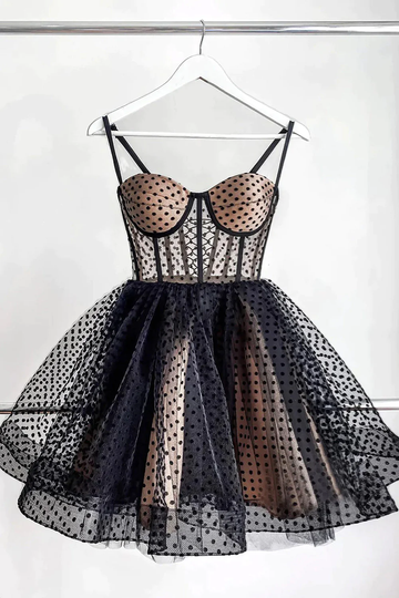 Black Dots Tulle Straps Homecoming Dress HZ1023